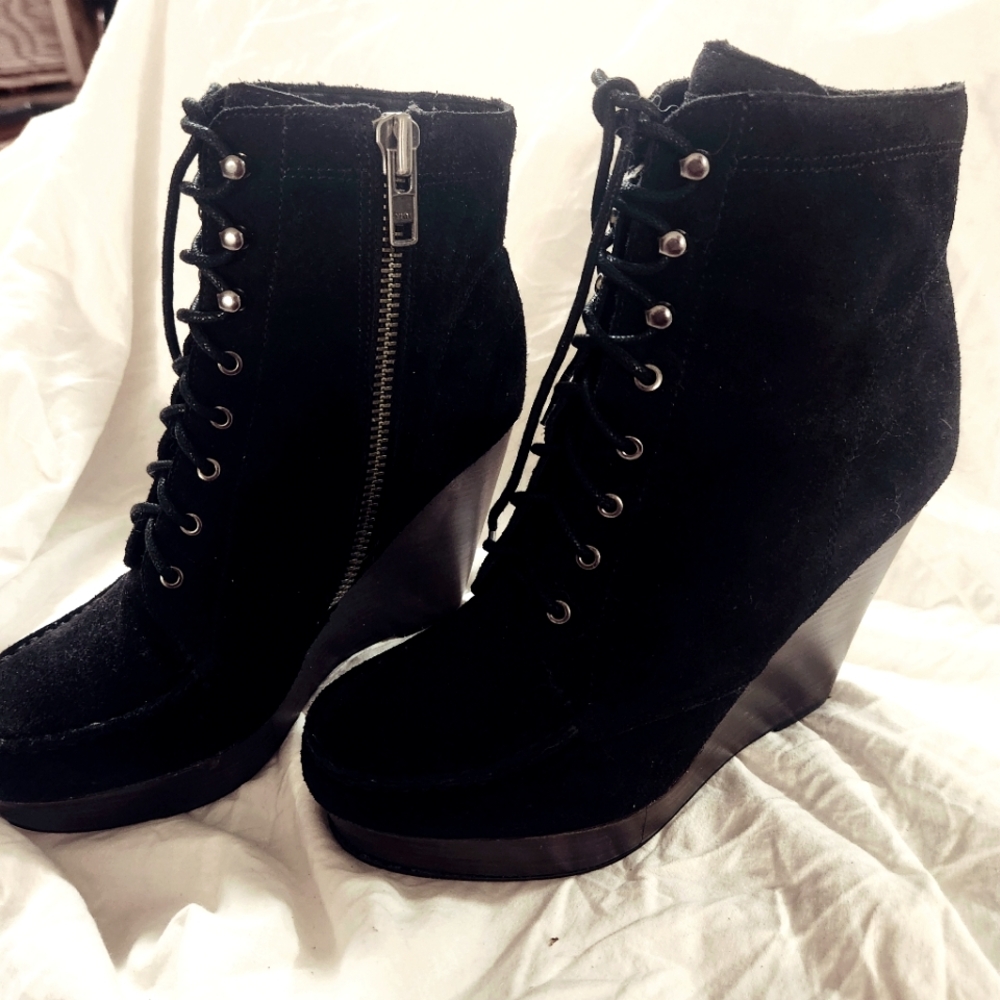 Coach Poppy black suede platform wedge boots. Size 8.5
